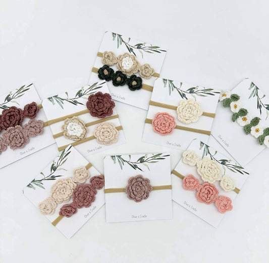 Crochet Flower Headband - With Card / Plum / Triple Flower