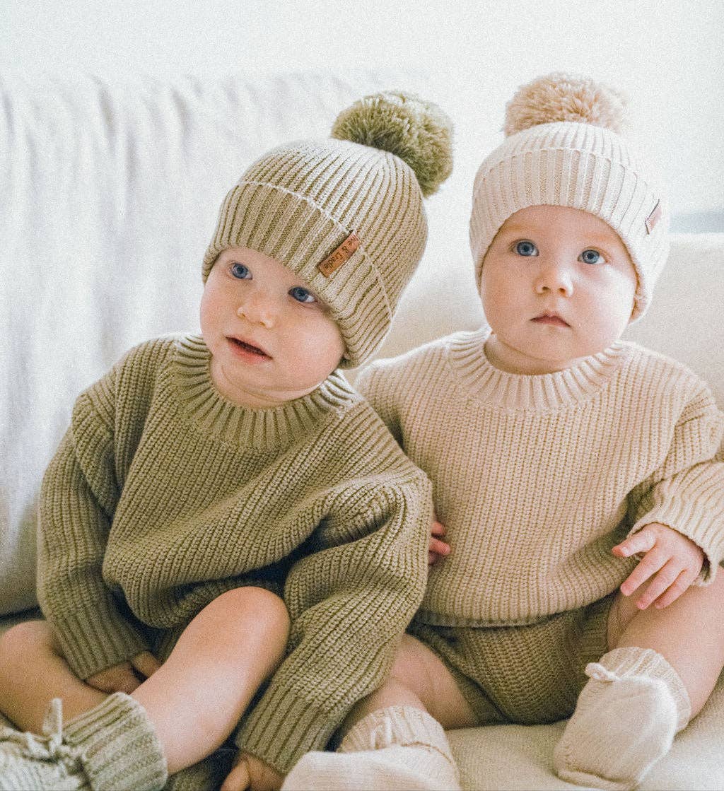 Cotton Knit Pom Beanie - Taupe / 6-12m