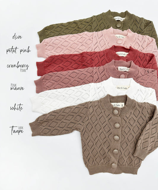 Ellanor Pointelle Cardigan - Mauve / 3-6 months