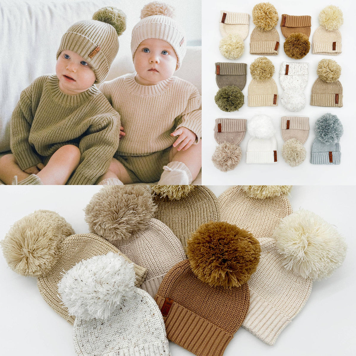 Cotton Knit Pom Beanie - Taupe / 6-12m
