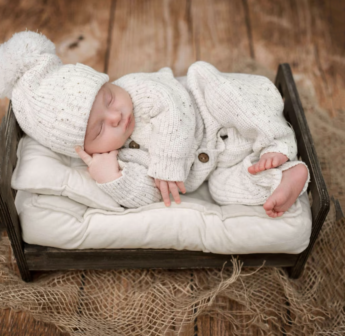 Cotton Knit Pom Beanie - Taupe / 6-12m