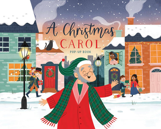 Cover of "A Christmas Carol Pop-Up Book" featuring a festive scene with smiling characters and snowy village houses.