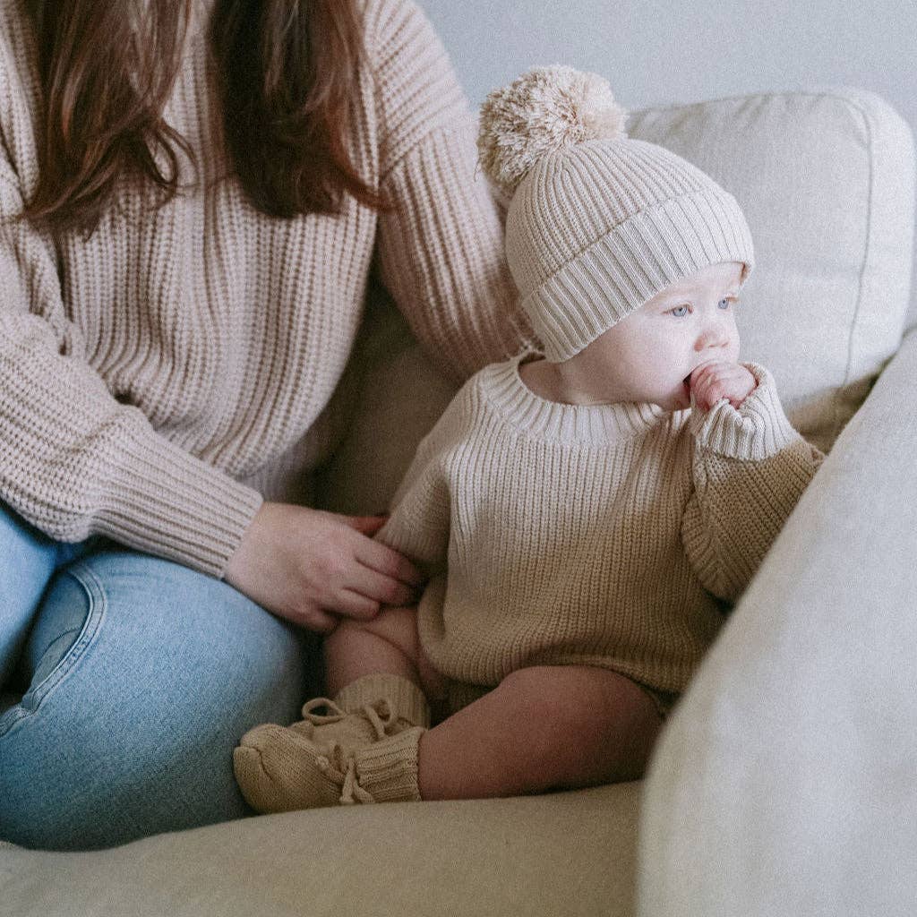 Cotton Knit Pom Beanie - Heathered fog / 6-12m