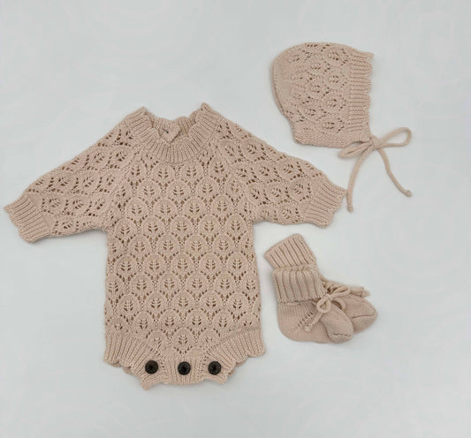 Apricot Pink Lacy Romper 3pc - 3-6M