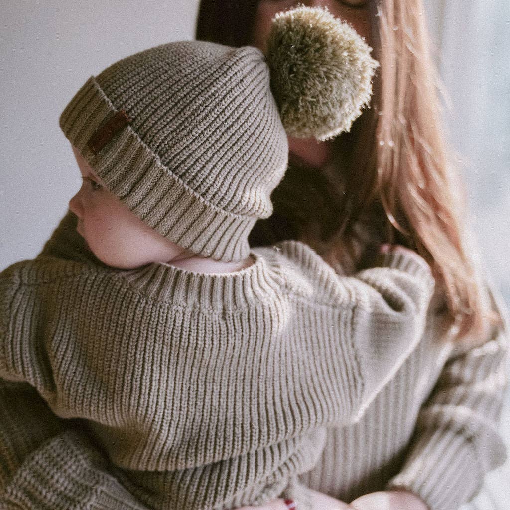 Cotton Knit Pom Beanie - Heathered fog / 6-12m