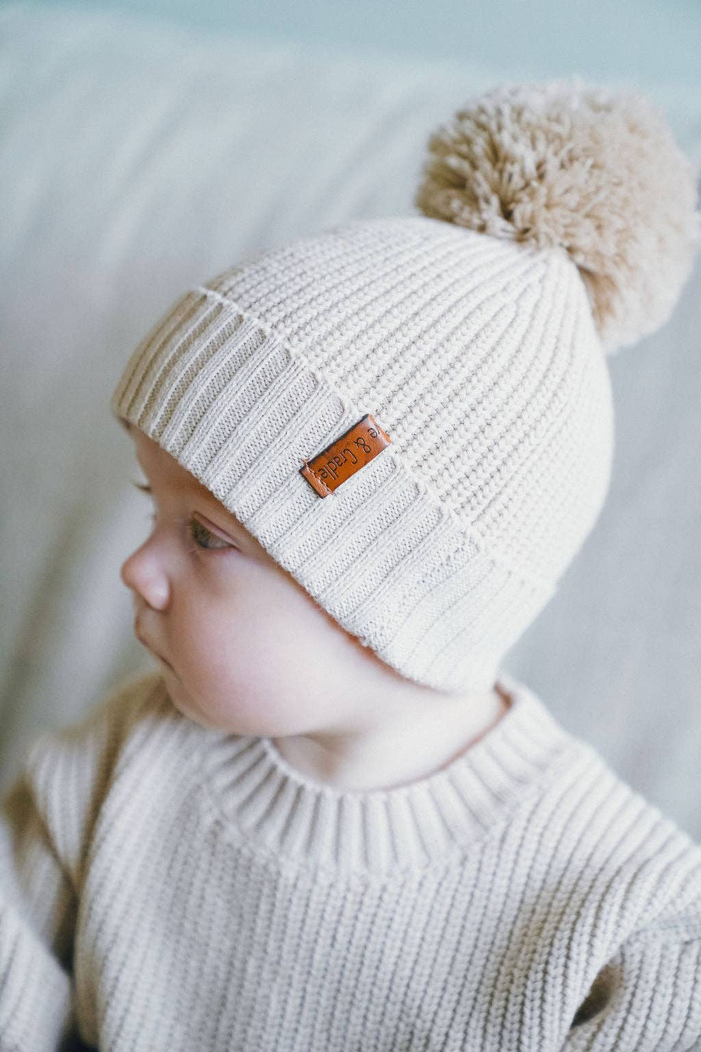 Cotton Knit Pom Beanie - Heathered fog / 6-12m