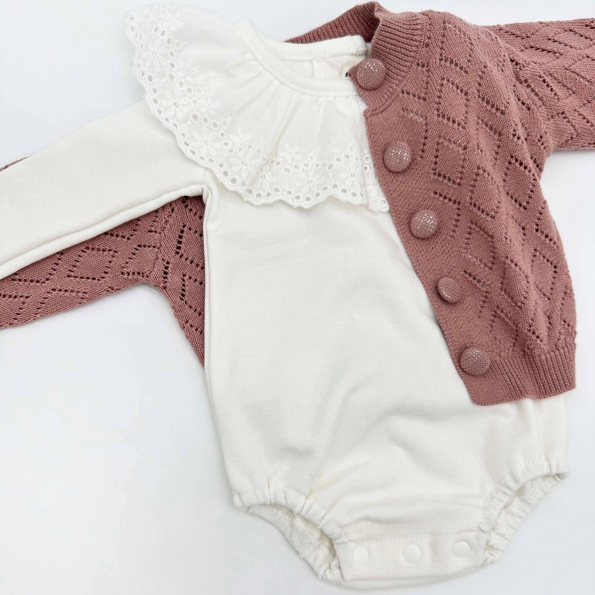 Ellanor Pointelle Cardigan - Mauve / 3-6 months