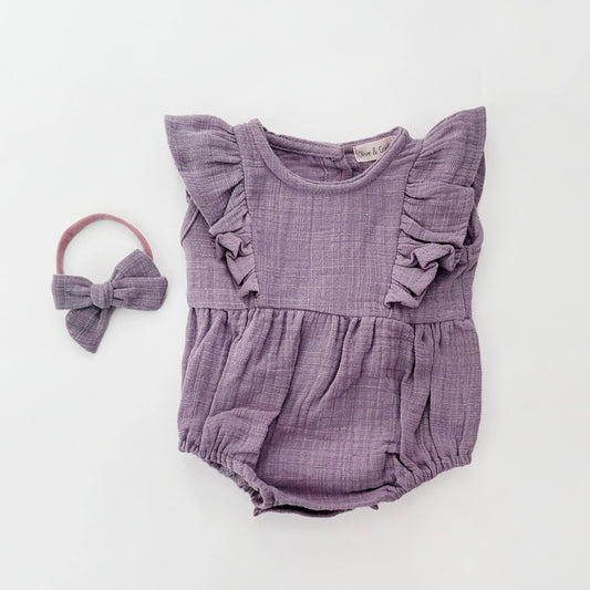Milana Muslin Bubble Romper + Bow - Lilac / 6-12m